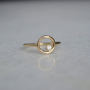 Gold Open Circle Diamond Ring, Solid 14KT Gold, Karma Ring