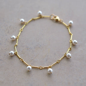 Gold Pearl Drops Bracelet, 14KT Gold Filled, Pearl Station Bracelet
