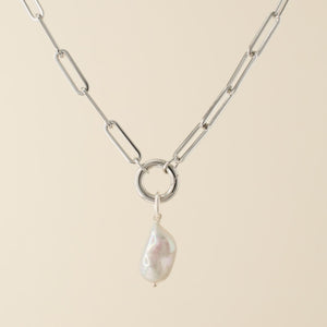 White Pearl Paperclip Charm Necklace (Silver)