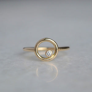 Gold Open Circle Diamond Ring, Solid 14KT Gold, Karma Ring