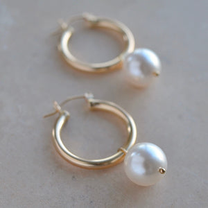 Pearl Hoop Earrings, Large Gold Hoop Earrings, Pearl Earrings, 14KT Gold Fill Hoops