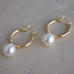 Pearl Hoop Earrings, Large Gold Hoop Earrings, Pearl Earrings, 14KT Gold Fill Hoops