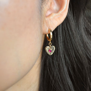 Dagger and Heart Earrings, Gold Heart Earrings, Gold Dagger Earrings, Ruby Heart Earrings