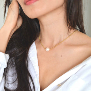 Gold Pearl Necklace, Curb Chain, 14KT Gold Filled Layering Necklace